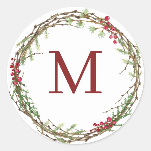 Sticker Rond Monogramme de Couronne de Noël Rustique Blanc (Devant)