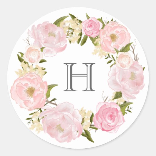 Sticker Rond Monogramme de couronne de pivoine rose (Devant)