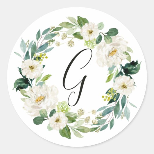 Sticker Rond Monogramme de couronne florale blanche (Devant)