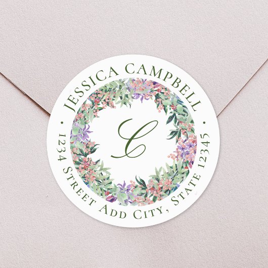 Sticker Rond Monogramme de couronne florale luxuriante Adresse