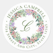 Sticker Rond Monogramme de couronne florale luxuriante Adresse (Devant)