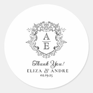 Sticker Rond Monogramme de crête florale Merci Mariage