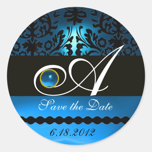 STICKER ROND MONOGRAMME DE DAMASK EN SAPHIRE NOIR ET BLEU, (Devant)
