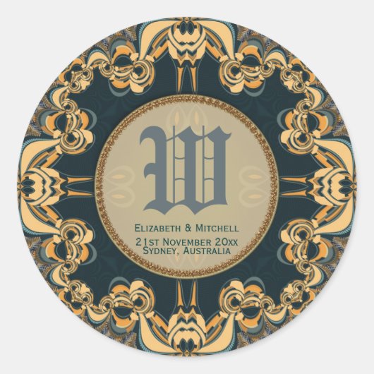 Sticker Rond Monogramme de dentelle dorée turquoise Keepsaké Me (Devant)