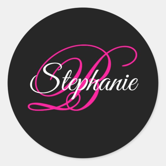 Sticker Rond Monogramme de fantaisie en noir blanc et rose vif (Devant)