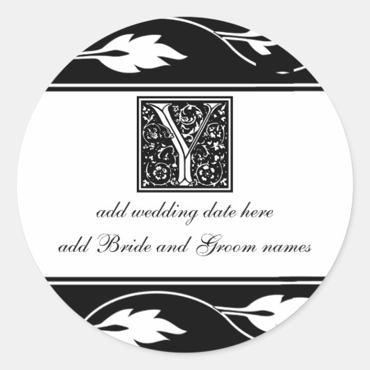Sticker Rond Monogramme De Feuille Noire Et Blanche Y (Devant)