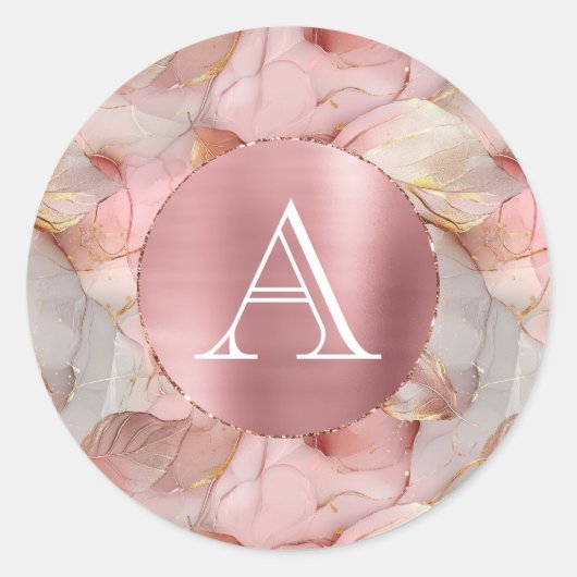 Sticker Rond Monogramme de Feuilles d'or rose pâle (Devant)