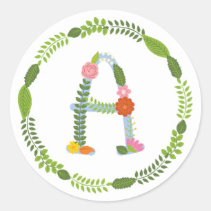 Sticker Rond Monogramme de fleur Whimsical Rustique (A)