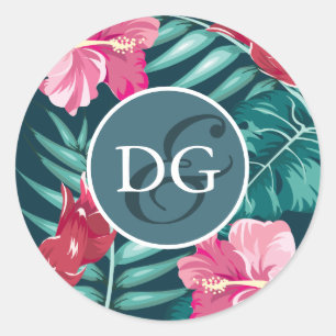 Sticker Rond Monogramme de fleurs d'été exotiques
