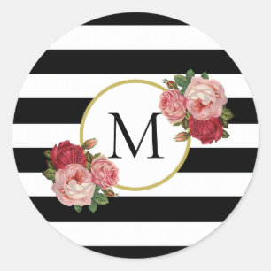 Sticker Rond Monogramme De Fleurs Rétro Blancs Blancs