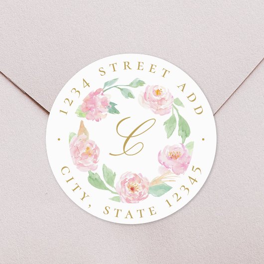 Sticker Rond Monogramme de germe rose Adresse de retour