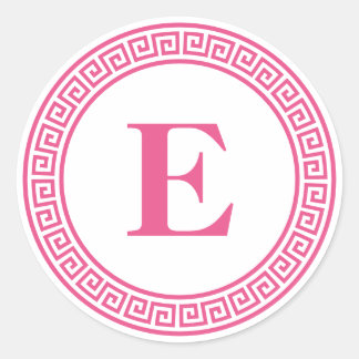 Sticker Rond Monogramme de la bordure de clé grecque rose chaud
