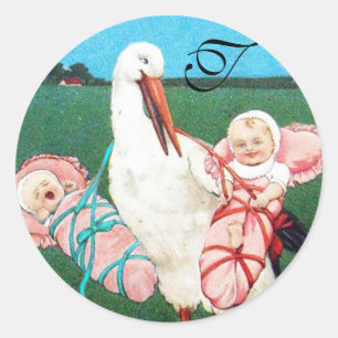 STICKER ROND MONOGRAMME DE LA DOUCHE À BÉBÉ STORK TWIN