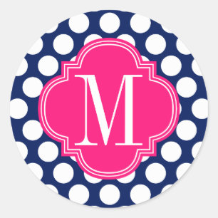 Sticker Rond Monogramme de la Girly Navy & Pink Big Dots