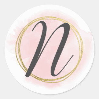 Sticker Rond Monogramme de la lettre N rose blush aquarelle or