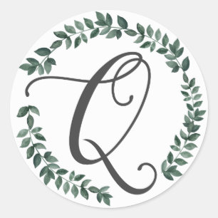 Sticker Rond Monogramme de la lettre Q Couronne de feuilles bot