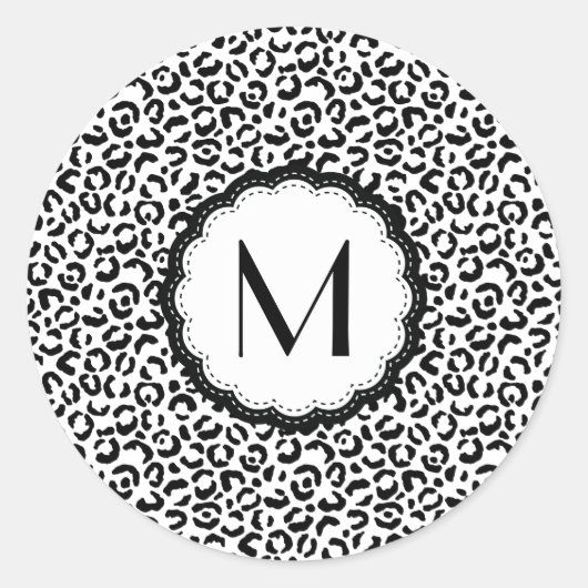 Sticker Rond Monogramme de léopard noir et blanc (Devant)