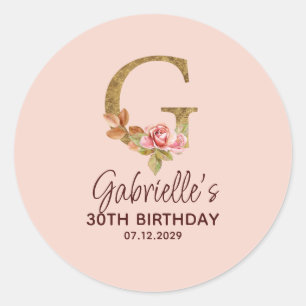 Sticker Rond Monogramme de lettre G oré Roses roses blush