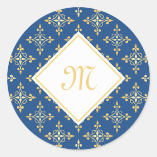 Sticker Rond Monogramme de luxe Blue et Gold Quatre Floral