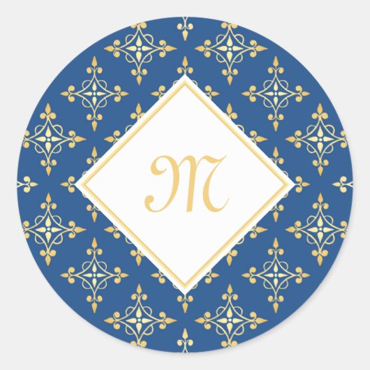 Sticker Rond Monogramme de luxe Blue et Gold Quatre Floral (Devant)