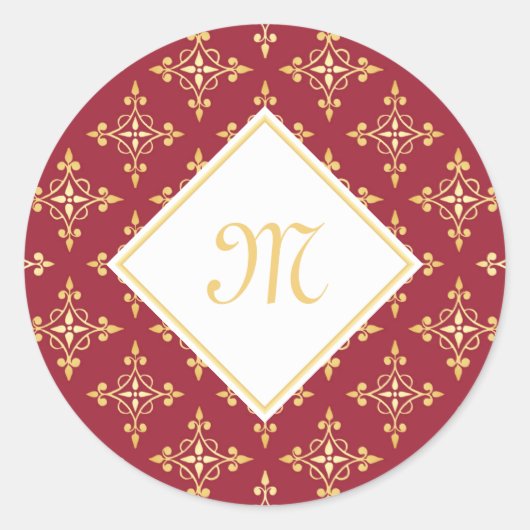 Sticker Rond Monogramme de luxe Rouge et Or Quatre Floral (Devant)