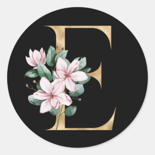 Sticker Rond Monogramme de magnolia floral en lettre E dorée