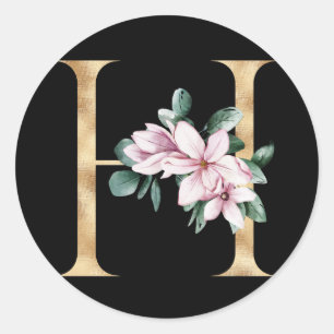Sticker Rond Monogramme de magnolia floral en lettre H dorée