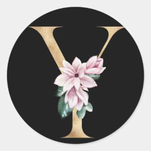 Sticker Rond Monogramme de magnolia floral en lettre Y dorée