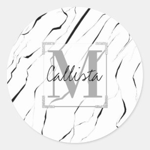 Sticker Rond Monogramme de marbre blanc noir moderne unique