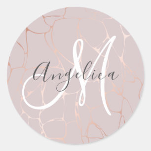 Sticker Rond Monogramme de marbre d'or Rose
