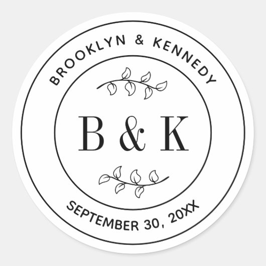 Sticker Rond Monogramme de mariage à nom de couple floral botan (Devant)