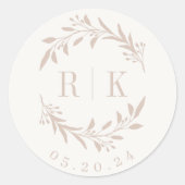 Sticker Rond Monogramme de Mariage de couronne rose rustique (Devant)