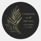 Sticker Rond Monogramme de Mariage de feuille d'or noir moderne (Devant)
