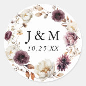 Sticker Rond Monogramme de Mariage de fleurs de marsala d'autom (Devant)