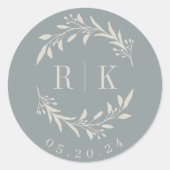 Sticker Rond Monogramme de Mariage de germe bleu rustique (Devant)