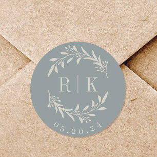 Sticker Rond Monogramme de Mariage de germe bleu rustique