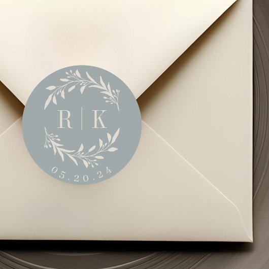 Sticker Rond Monogramme de Mariage de germe bleu rustique