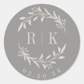 Sticker Rond Monogramme de Mariage de germes rustiques gris (Devant)