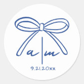Sticker Rond Monogramme de mariage fantaisiste Blue Drawn Bow (Devant)