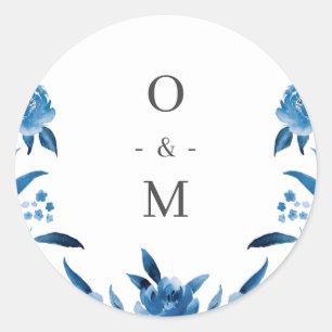 Sticker Rond monogramme de mariage floral bleu et blanc