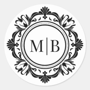 Sticker Rond Monogramme de mariage floral noir et blanc orné