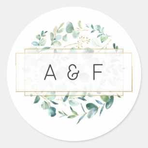 Sticker Rond Monogramme de mariage géométrique au pastel eucaly