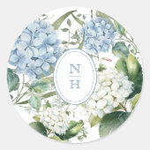 Sticker Rond Monogramme de mariage Hydrangea Bleu Poussiéreux (Devant)