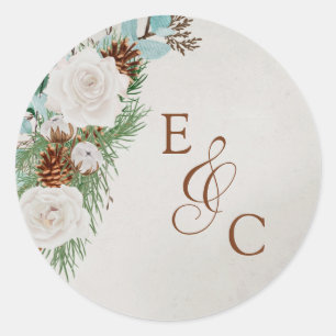 Sticker Rond Monogramme de mariage Rose blanche d'hiver et cône