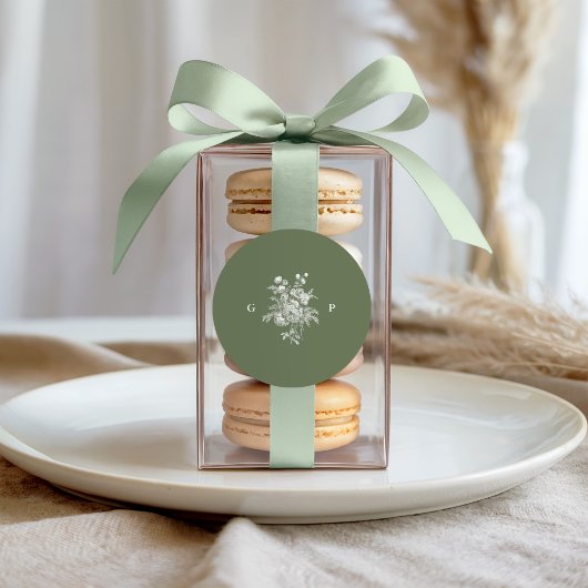 Sticker Rond Monogramme de mariage vert sauge classique