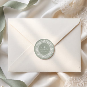 Sticker Rond Monogramme de mariage vert sauge dentelle vintage