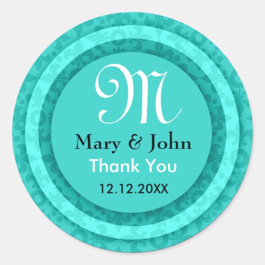 Sticker Rond Monogramme de Merci turquoise Mariée initiale et c (Devant)