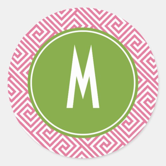 Sticker Rond Monogramme de Motif de clé grecque rose et verte (Devant)