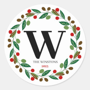 Sticker Rond Monogramme de Noël d'hiver rustique Première couro