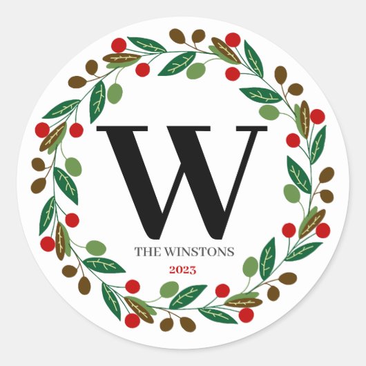 Sticker Rond Monogramme de Noël d'hiver rustique Première couro (Devant)